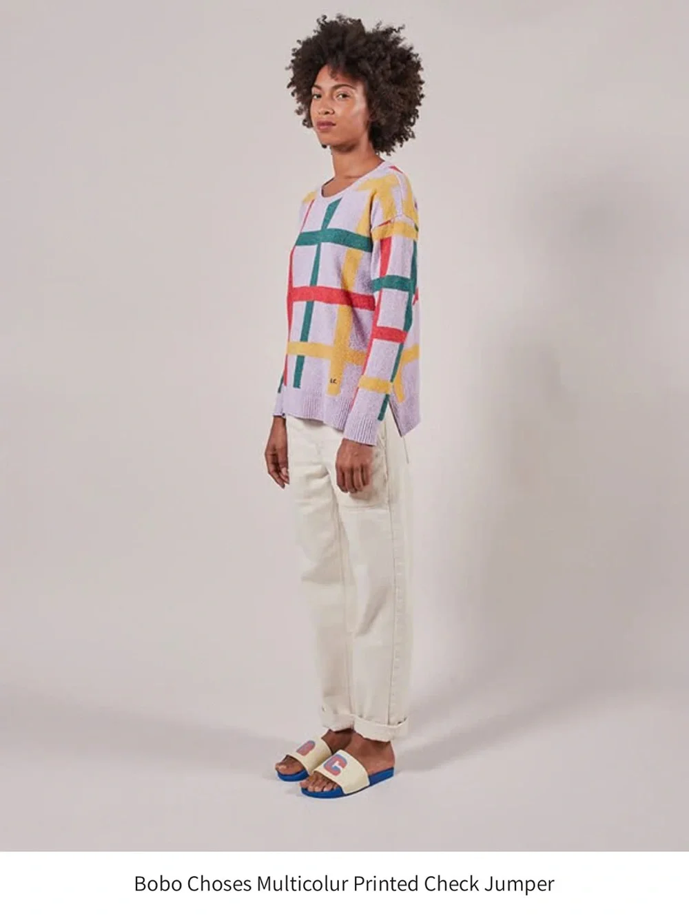 Bobo Choses Lavender Crewneck Sweater with Red, Green and Yellow Plaid - Picture 2 of 11